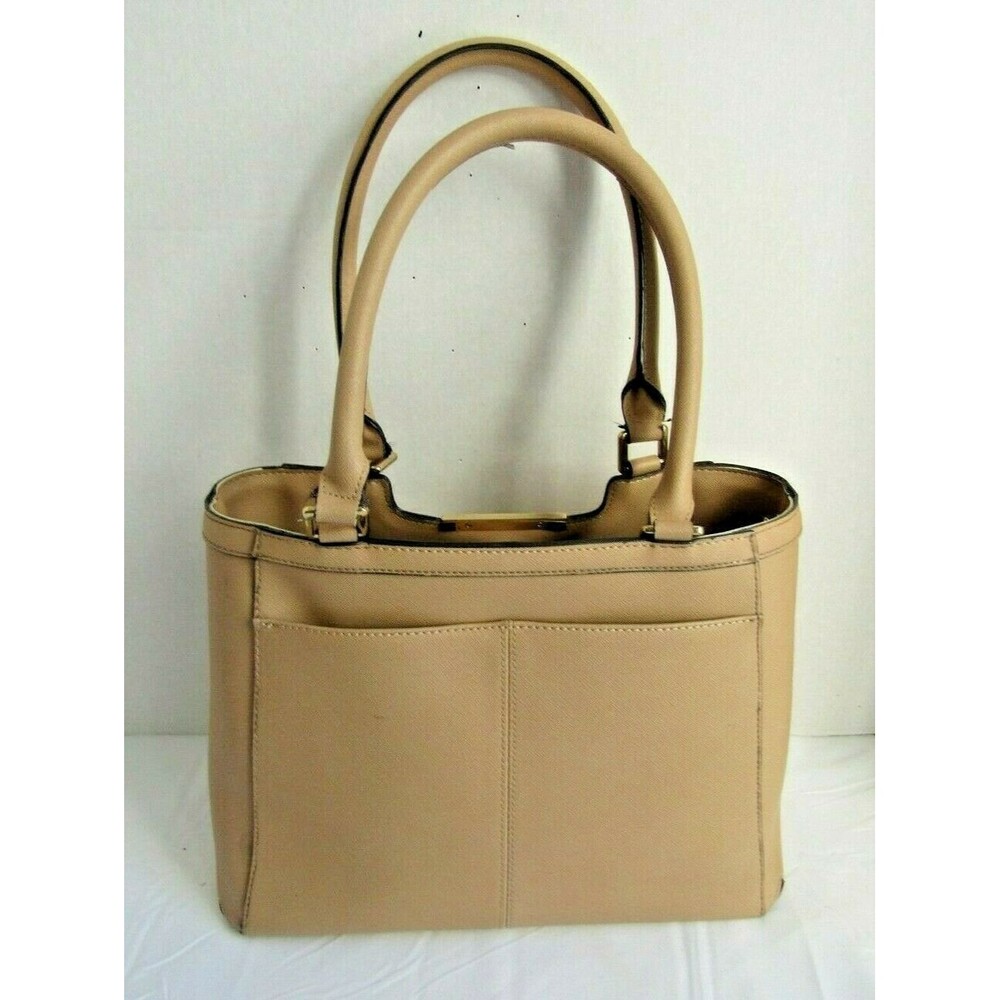 Calvin Klein Taupe Leather Shoulder Bag Womens Designer Structured Handbag - Picture 5 of 10